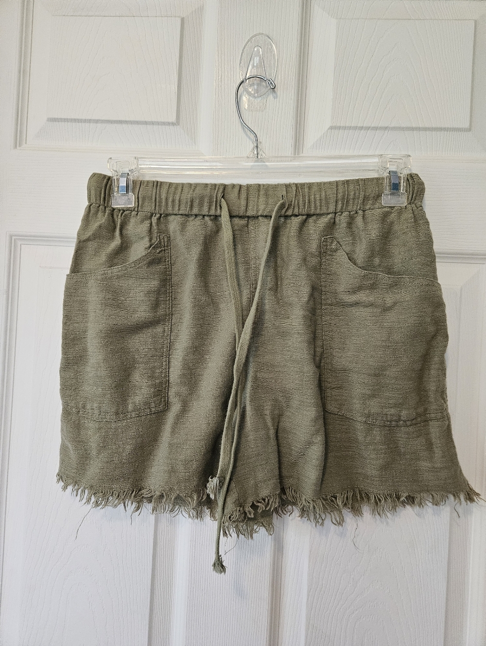 High-Waist Olive Drawstring Frayed-Hem Shorts